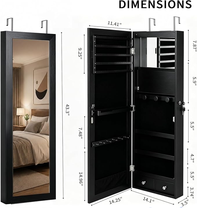 Over the Door Jewelry Organizer, Wall Mounted Jewelry Cabinet, Hanging Mirror with Storage Box, Wall/Door Mounted Full Length Mirror with LED