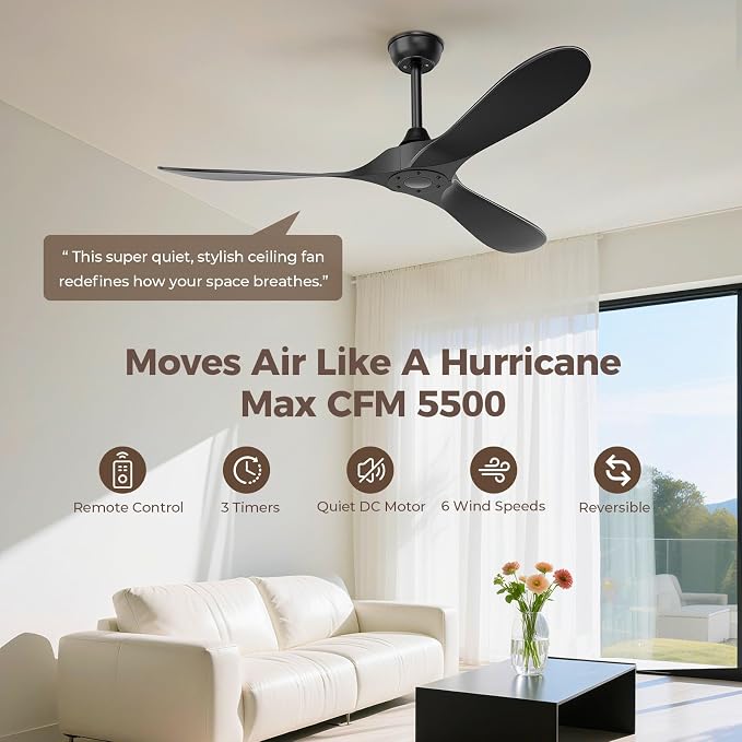Obabala Black Outdoor Ceiling Fan, 52 in Ceiling Fans No Light with Remote Control, 3 Blades, 6 Speed Reversible DC Motor Modern for Patios, Living Room, Bedroom, Porch