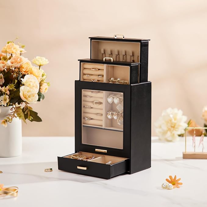 Homde Display Jewelry Box for Girls: Starter Organizer with Clear Window | Vertical Drawers for Earrings Rings Necklaces - Compact Footprint Fits Small Vanities - Birthday&Graduation Gift for Teens