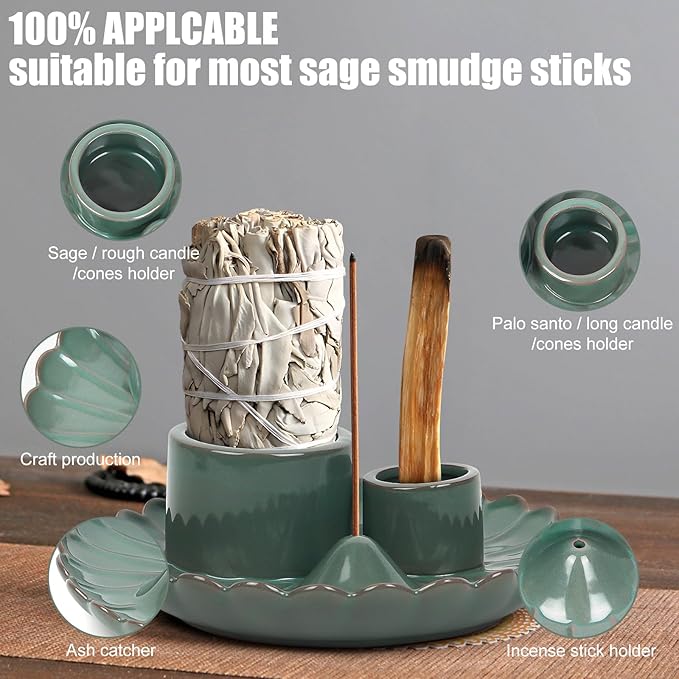4 in 1 Incense Holder, Ceramic Incense Burner, Palo Santo Holder, Ash Catcher Tray for Meditation Room, Candle Holder for Burning Sage (Green)