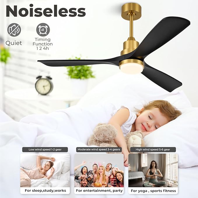 52 inch Smart Ceiling Fan with Lights,Outdoor Ceiling Fan 3 Wood Blades Compatible with Alexa/Gg Voice Control&App&Remote,Quiet DC Motor for Covered Patio Porch Bedroom,Black and Gold