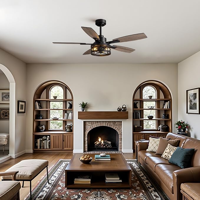 52 Inch Ceiling Fan with Light and Remote Control, Farmhouse Ceiling Fan with LED Lighting for Bedroom Living Room and Patio, Black Caged Ceiling Fan for Indoor and Outdoor(NO Bulbs)