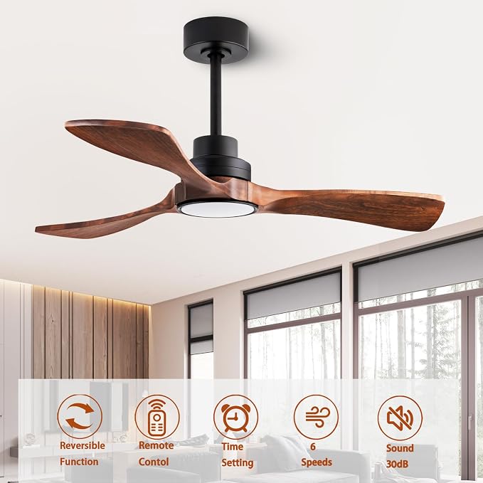 42-inch Silent Ceiling Fan Light with Remote Control, 3CCT, Walnut Finish | mobile app, full memory function, for use in living rooms, dining rooms, bedrooms, offices, balconies, and outdoors.