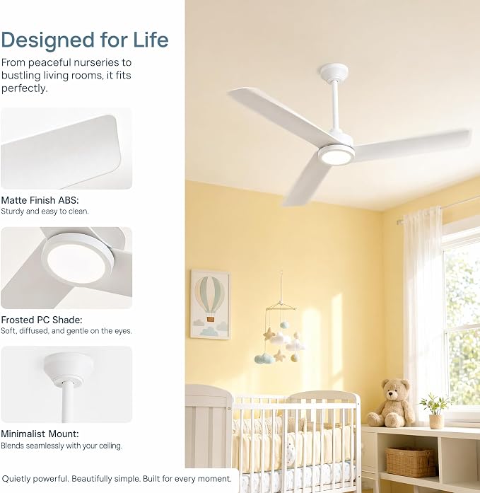 52 Inch Ceiling Fan with Light | Modern Minimalist Ceiling Fan | Reversible DC Motor, Dimmable 3-Color LED, Remote Control for Living Room