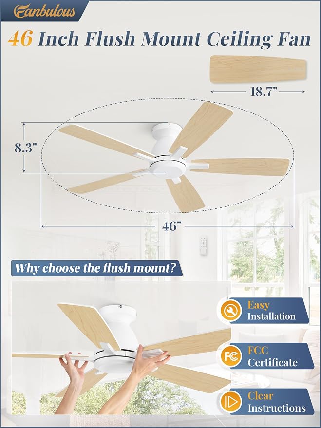 Fanbulous 46 Inch Flush Mount Ceiling Fan No Light with Remote, White | Modern Low Profile Without Light, 6-Speed, Quiet Reversible DC Motor, Indoor/Outdoor Use, for Bedroom, Living Room, Patio