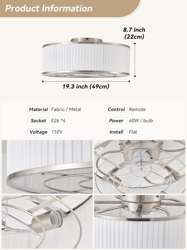 Boho Ceiling Fan with Light Flush Mount, 20" Caged Ceiling Fan with Light Remote Control Silver, Low Profile Ceiling Fans Bladeless Chrome 6 Speeds for Bedroom, Living Room, Nursery