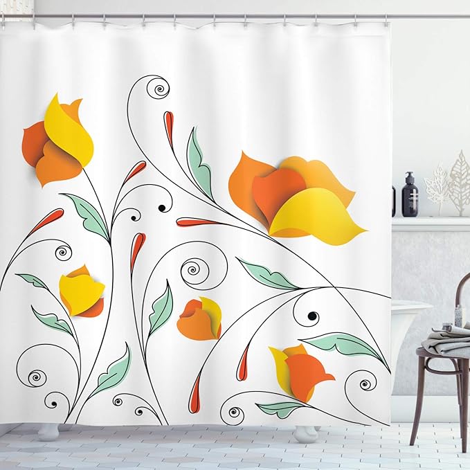 Ambesonne Floral Shower Curtain, Bouquet with Swirled Branches Romantic Paper Flowers Origami Autumn Blooms Image, Cloth Fabric Bathroom Decor Set with Hooks, 69" W x 75" L, Mint Orange