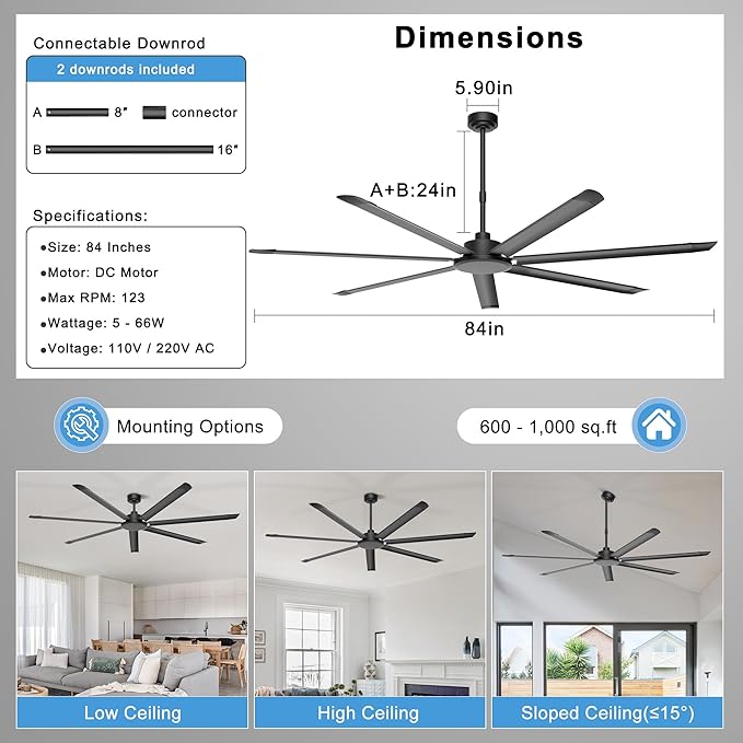 Ohniyou 84'' Ceiling Fan No Light, Black Industrial Ceiling Fan with Remote/APP, Aluminum Blades, 11000 CFM DC Motor for Shop, Warehouse, Garage, Patios
