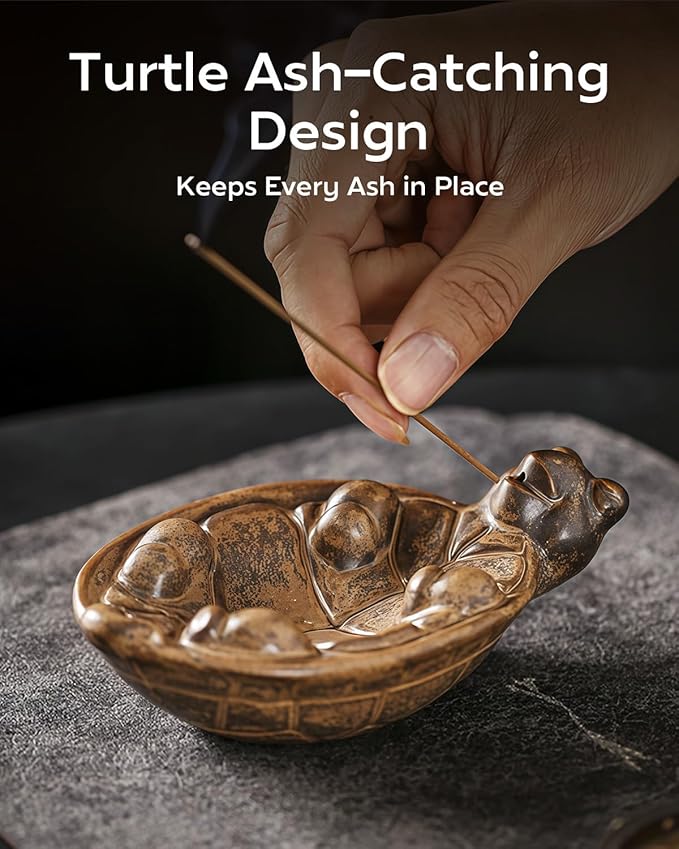 Smoking Turtle Incense Stick Holder - Funny Ceramic Incense Burner with Ash Catcher, Relaxing Desk Decor for Home & Office
