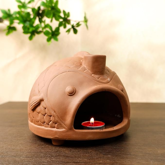 MOUGIGI Large Fish-Shaped Terracotta Palo Santo Holder - Cone Burner for Sage,Chiminea Incense Dish with Chimney,Ideal for Meditation, Zen, Yoga, Spa & Wellness | Anxiety & Stress Relief Items