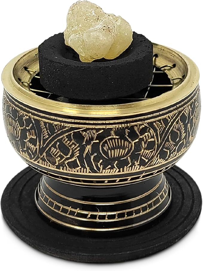 New Age Imports, Inc. India Small Decorated Brass Charcoal Screen Incense Burner with Wooden Coaster