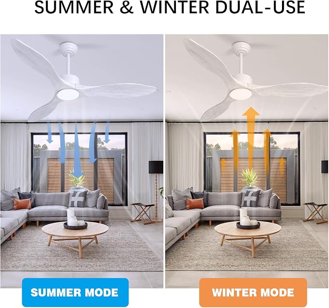 52 Inch White Ceiling Fan with Lights and Remote, Retro White Wood Low Profile Flush Mount Modern Ceiling Fan for Indoor Farmhouse Bedroom Living Room Outdoor Patio Porch, Reversible DC Motor