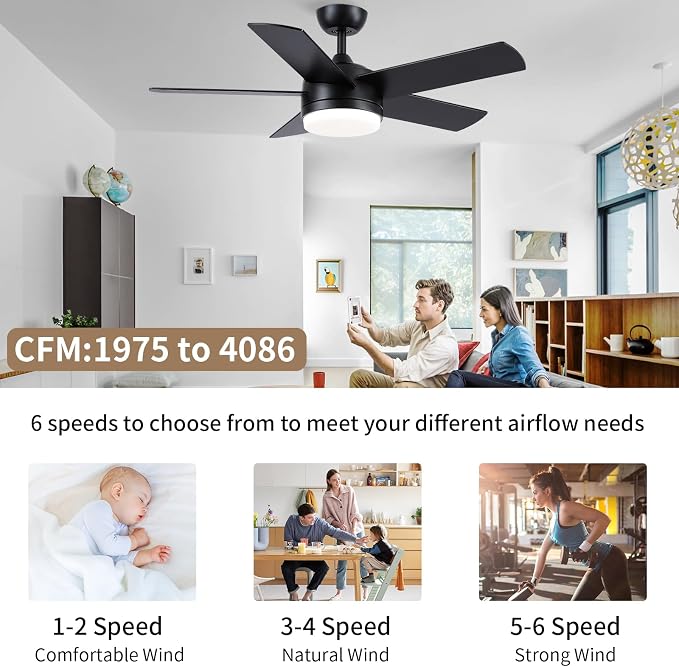 YUHAO 44 Inch Black Ceiling Fan with Light and Remote Control.Noiseless,Dimmable,3CCT,6 Speeds Reversible, DC Ceiling Fans for Indoor or Covered Outdoor Use.ETL Listed