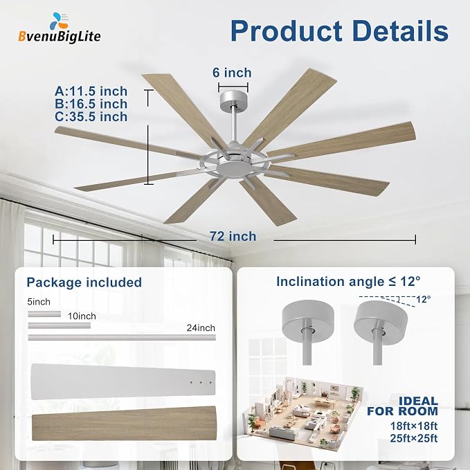 Large Ceiling Fan No Light: Modern 72 Inch 8 Blade Outdoor Ceiling Fans with Remote APP Control - Wood Big Fan without Light Indoor Reversible 6 Speed Quiet DC Motor