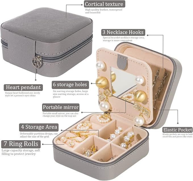 KElofoN Travel jewelry case Travel jewelry box Travel Jewelry Organizer Small Jewelry Organizer Box Gift for Girls Women with Mirror(Grey)