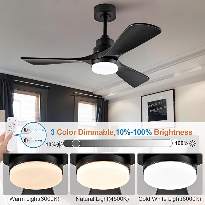 42 Inch Ceiling Fan with Light, 3 Solid Wood Blades, Remote Control, 6-Speed Reversible Quiet DC Motor, Modern White Ceiling Fan for Bedroom Living Room Patio