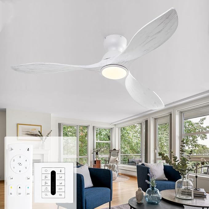 52 Inch Low Profile Ceiling Fans with Lights and Remote, White Flush Mount 3 Blade Wood Ceiling Fan,Dimmable,Quiet Noiseless for Patios,Living Room,Bedroom(Wall Control Switch)