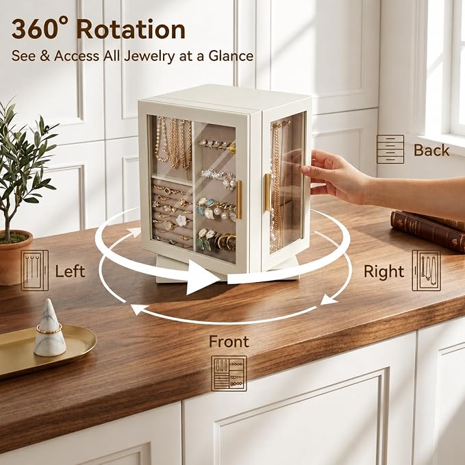 GUOER Jewelry Box for Women, 360° Rotating Jewelry Organizer, Beige | 5 Drawers & Glass Display, Large Storage Case for Necklaces/Earrings/Rings, PU Leather, 8.7x6.9x11.2 in