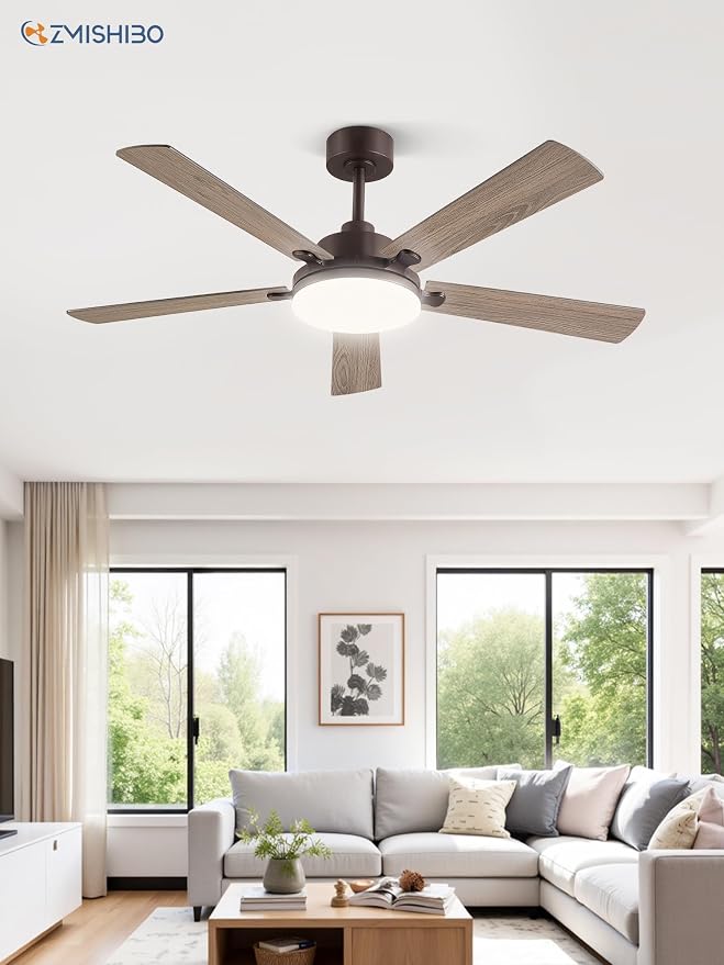52 Inch Ceiling Fan with Remote, Indoor/Outdoor Brown Ceiling Fan with Large LED Panel, Quiet Reversible DC Motor, 6-Speed, 3000-6500K Stepless Dimming, Farmhouse Ceiling Fan for Bedroom, Living Room