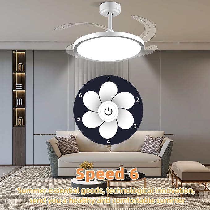 BAYSQUIRREL Slim Retractable Ceiling Fan with Lights and Remote/APP Control, 6 Speed Dimmable Reversible Memory, 42 Inch Modern Silent Smart Fan for Bedroom Living Room Dinning Room