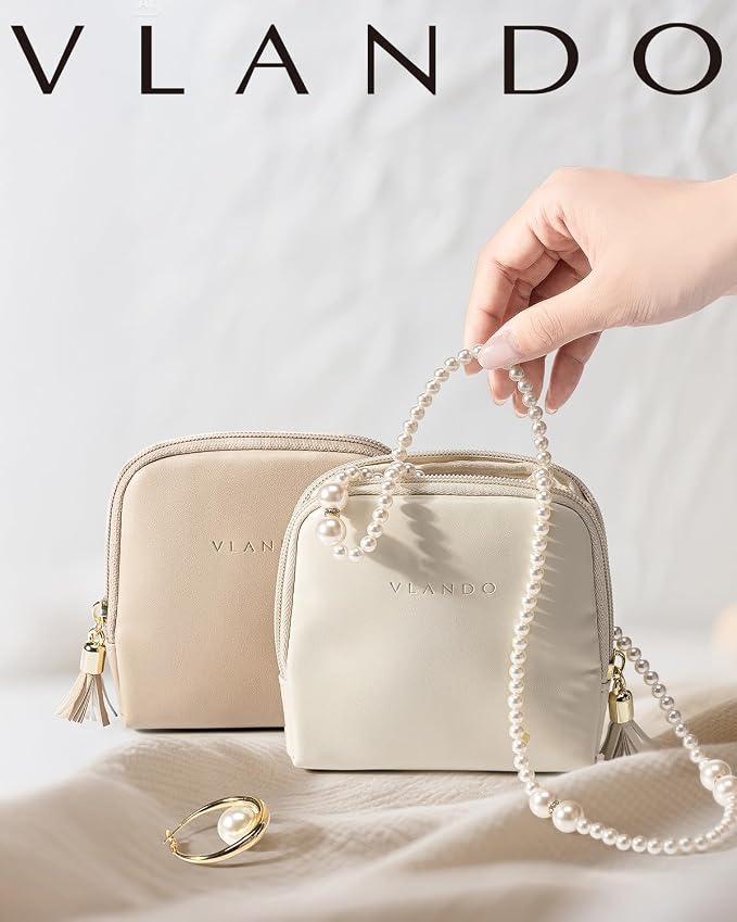 VLANDO Small Travel Jewelry Case,Gifts for Women,Jewelry Pouch Bags with Zipper,Velvet Jewelry Organizer Storage Bag for Bracelet Rings Earring-Cream White