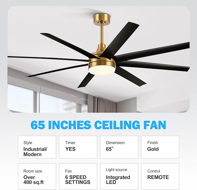 65 Inch Ceiling Fans with Lights and Remote, 8 ABS Blades, Quiet Reversible DC Motor, 6-Speed, Timer, 2 Downrods, 3 Color Led Light, Industrial Ceiling Fans Fandelier for Bedroom Office (Gold & Black)