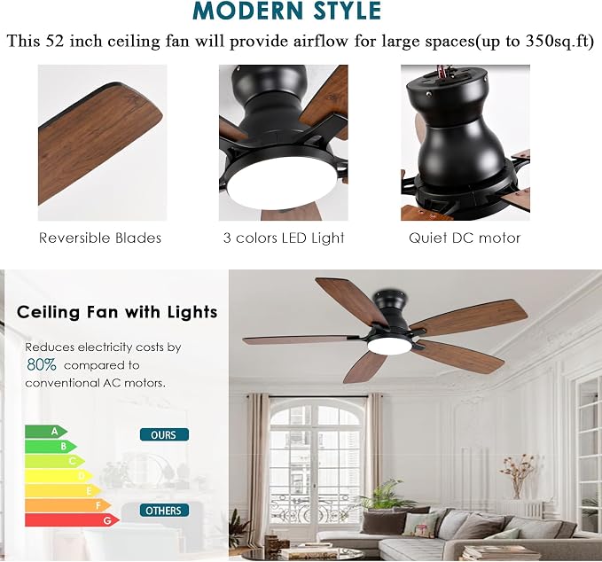 JSAITEE Ceiling Fans with Lights, 52 Inch Low Profile Ceiling Fan with Light and Remote Control, Flush Mount, DC Reversible Motor, Noiseless, Brown 6 Speeds Ceiling Fan for Bedroom