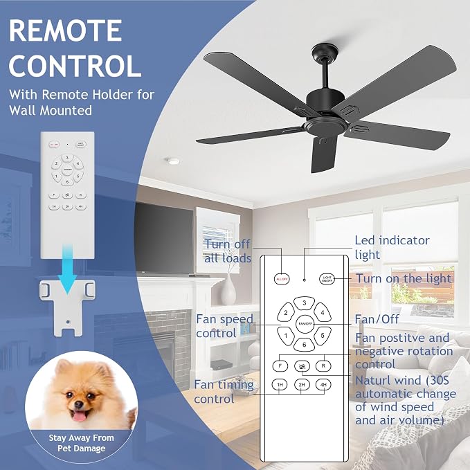 Obabala 52 Inch Ceiling Fan No Light, Outdoor Indoor Flush Mount Low Profile DC Motor Fan with Remote and APP, 5 Blades Reversible Silent Fan for Patio, Bedroom, Living Room, Garage, Black