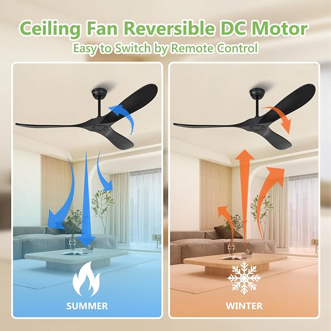 60 Inch Black Ceiling Fan No Light,Living Room Ceiling Fans Without Lights, Modern 3 Blade Quiet Dc Ceiling Fan For Slanted Ceilings, Rustic Wood Ceiling Fans For Gazebo With Wall Control