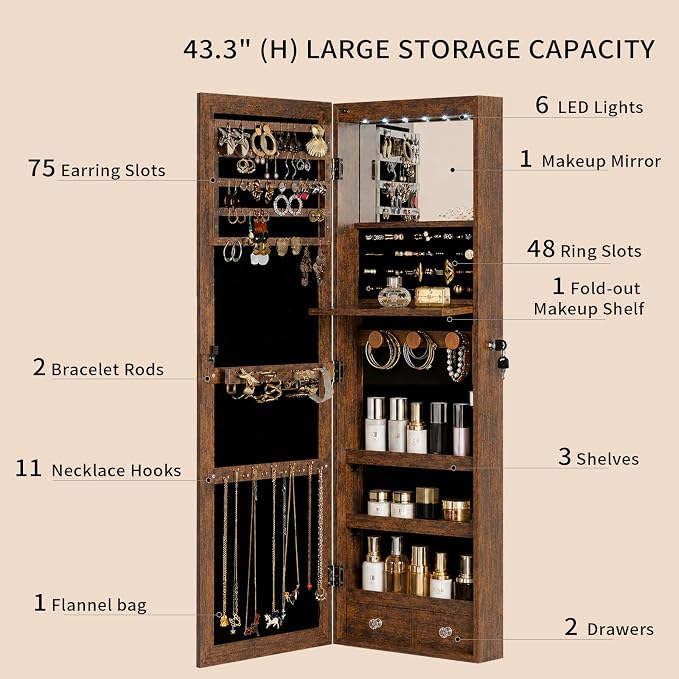 Over the Door Jewelry Organizer, Wall Mounted Jewelry Cabinet, Hanging Mirror with Storage Box, Wall/Door Mounted Full Length Mirror with LED