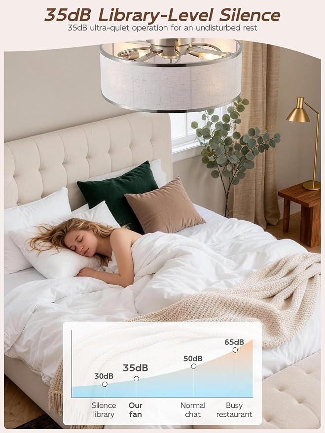 20" Silver Caged Ceiling Fans with Lights, Boho Flush Mount Ceiling Fan with Light and Remote, Bladeless with 6 Speeds for Bedroom, Nursery, Living Room