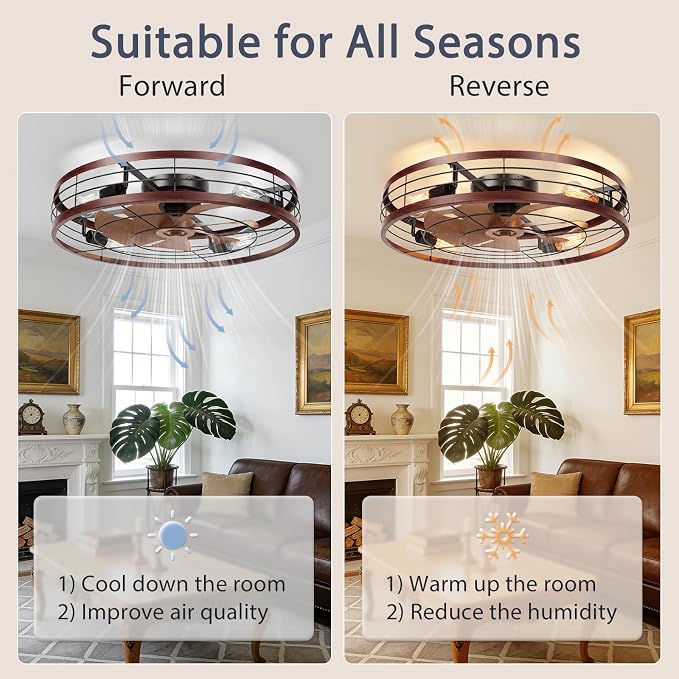 VOLISUN 27.6'' Caged Ceiling Fan with Light and Remote,Rustic Low Profile Ceiling Fan with Light Flush Mount, Farmhouse Bladeless Fandelier Ceiling Fans with Lights for Kitchen,Bedroom-Wood