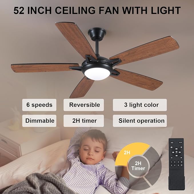 Kviflon 52 Inch Ceiling Fans with Lights and Remote, Modern Indoor Outdoor Ceiling Fan for Bedroom Living Room Patio Porch, 6 Speeds, Reversible Quiet Motor, Dual Finish Wooden Blades, Brown