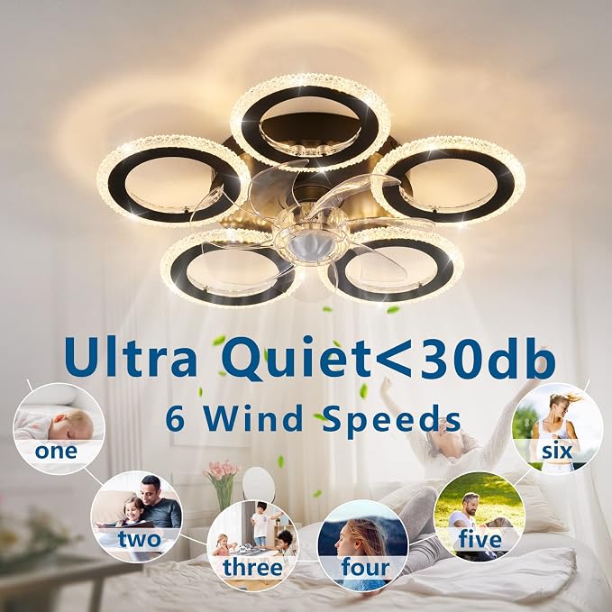 Dalouguan Ceiling Fan with Lights Remote Control, 20" Black Personality Geometric 6 Speeds 3 Light Color Low Profile Flush Mount Ceiling Fan for Kitchen Bedroom