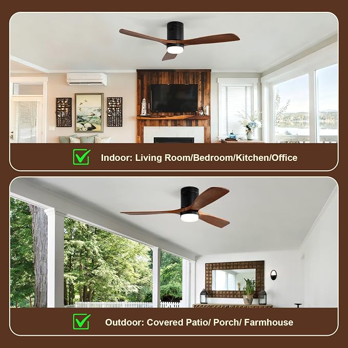 Sofucor 52 Inch Smart Ceiling Fans with Lights, Flush Mount Ceiling Fan with Lights and Remote, Work with Alexa/Google/App, Quiet DC Motor, 3 Blade Wood Ceiling Fan for Bedroom Patio, Walnut&black
