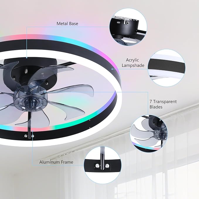 STERREN RGB Ceiling Fan with Light, 20'' Low Profile Ceiling Fans, Black Flush Mount LED Fan Light with Remote Control, Modern Bladeless Fandelier for Bedroom, Living Room, Kitchen