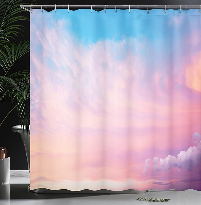 Ambesonne Clouds Shower Curtain, Mystic Sky with Fluffy Clouds Heavenly Inspirational Hope Pastel Colored Nature Theme, Cloth Fabric Bathroom Decor Set with Hooks, 69" W x 70" L, Navy Hot Pink