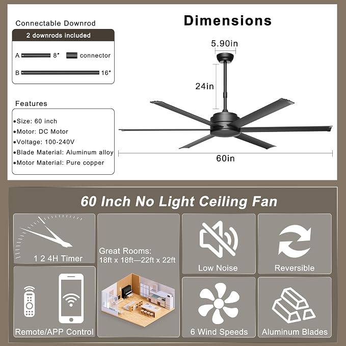Ohniyou 60" Ceiling Fan No Light - Industrial Fan Remote & APP Control, Quiet DC Motor, Indoor/Outdoor Ceiling Fan for Patio, Shop, Garage, Aluminum Blades, Black