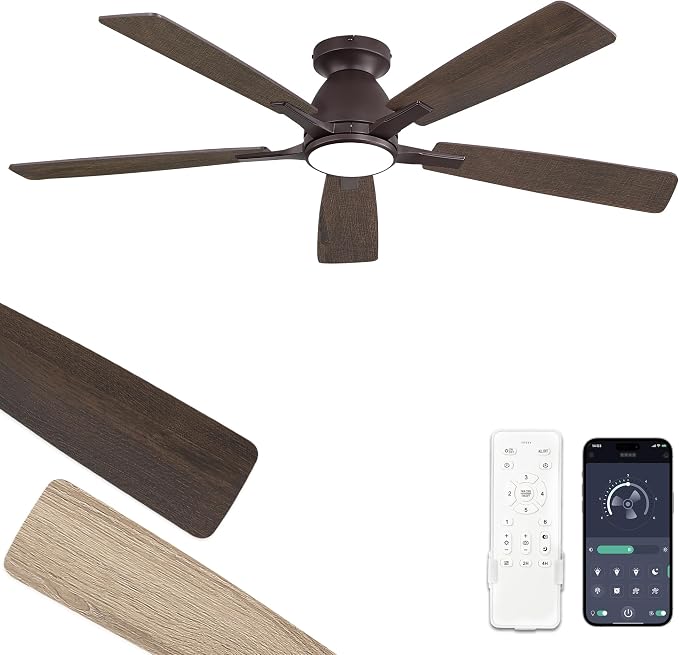Fanbulous 52" Flush Mount Ceiling Fan with Light, Remote & App, Oil Bronze | 3CCT 20W LED, 6-Speed Quiet Reversible Motor, Modern Low Profile Flush Mount, Ideal for Bedroom/Living Room/Kitchen.