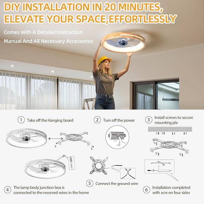 Low Profile Ceiling Fans with Lights and Remote 20” Modern Flush Mount Small Ceiling Fan Lights Wood Smart Fandelier for Bedroom Transparency Gray