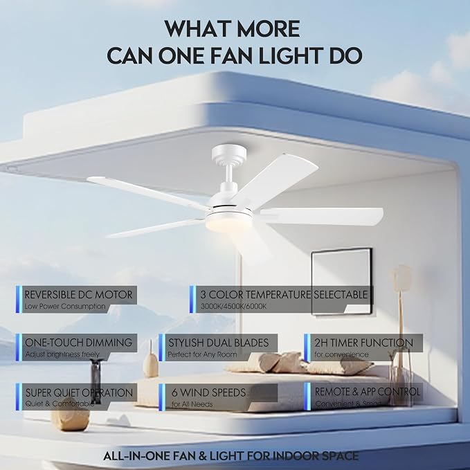 JSAITEE 52 Inch Smart Ceiling Fan with Lights, Remote & App Control, DC Reversible Motor, 6 Speeds Quiet 35dB, 3CCT Dimmable LED, Low Profile Modern Ceiling Fans for Bedroom Living Room, White