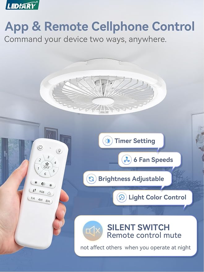 LEDIARY 20" Bladeless Ceiling Fan with Light,Low Profile LED Ceiling Fans with Remote & Smart APP Control, Modern Enclosed Flush Mount Fandelier, 3000-6000K,Bedroom,Kids Room-White RGB
