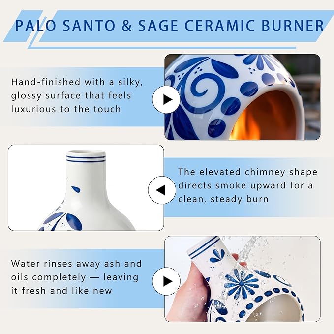 Ceramic Incense Holder Palo Santo Holder Handcrafted Dual-Use for Sage Sticks Cones Incense Burner for Yoga Meditation Aromatherapy Healing Home Decor Blue and White Porcelain (Style A)