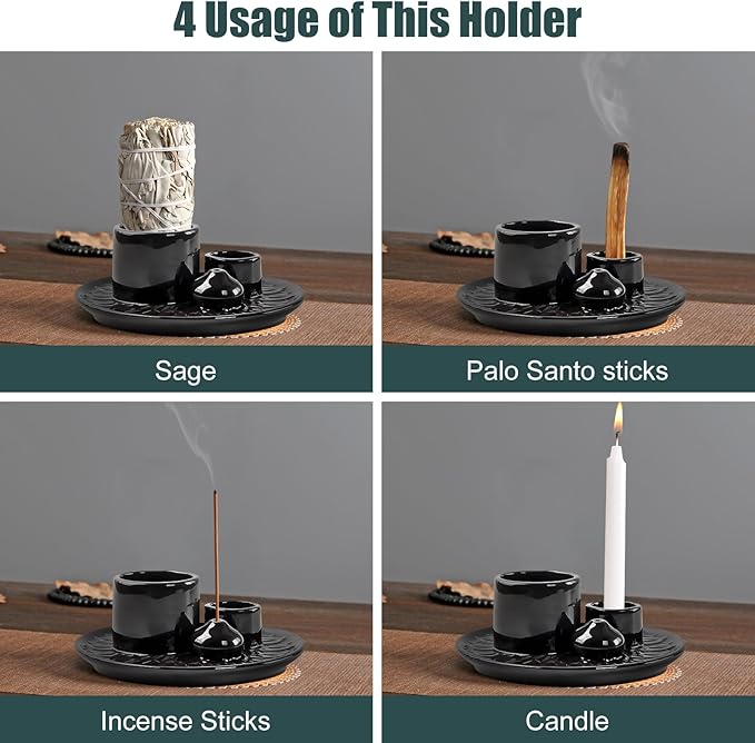 Palo Santo Holder, 4 in 1 Incense Burner Holder, Ceramic Ash Catcher Tray for Meditation Room, Candle Holder for Burning Sage, Palo Santo, Black