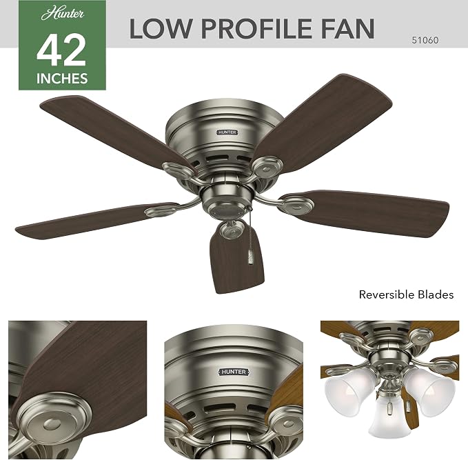 Hunter 42 inch Indoor Ceiling Fan No Light - Ceiling Fan without Light, Low Profile Flush Mount, 5 Blades, For Bedroom, Living Room, or Kitchen, Pull Chain - Low Profile IV 51060, Antique Pewter