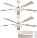 2 Pack 52 Inch Ceiling Fans with Lights and Remote, Farmhouse Caged Round Flush Mount Ceiling Fan, 6-Speed Quiet and Reversible DC Motor Ceiling Light Fixtures for Bedroom, Living Room, White