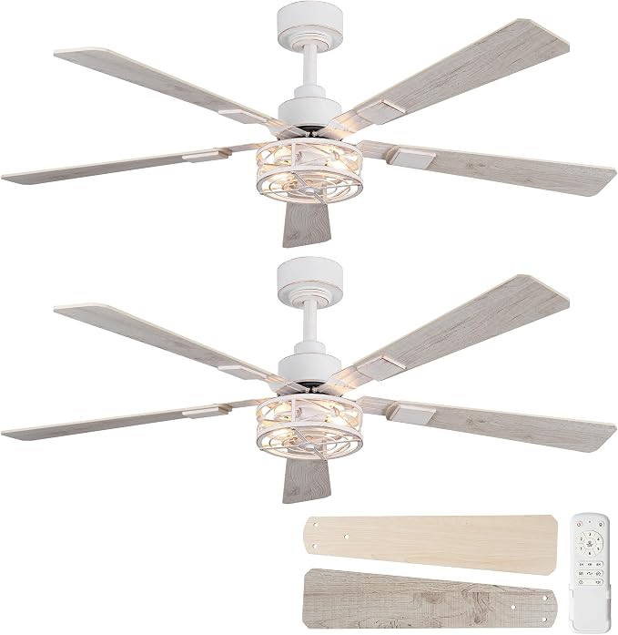 2 Pack 52 Inch Ceiling Fans with Lights and Remote, Farmhouse Caged Round Flush Mount Ceiling Fan, 6-Speed Quiet and Reversible DC Motor Ceiling Light Fixtures for Bedroom, Living Room, White