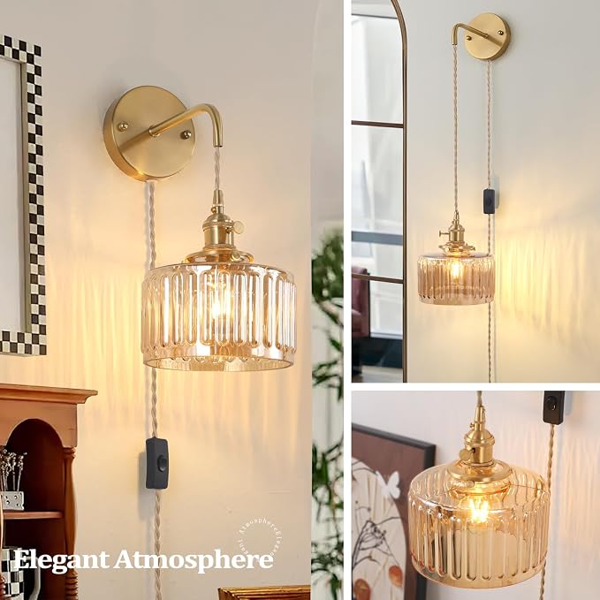 Shenmoyl Vintage Wall Sconce Wall Lamp with Amber Striped Glass Shade Hanging Wall Sconce with 4.9FT Plug in Cord, Modern Wall Lamp Fixtures Decor for Bedside Bedroom Indoor Doorway