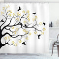 Ambesonne Birds Shower Curtain, Flying and Sitting Birds on The Tree Branch Flowers Weed Nature Peace Theme, Cloth Fabric Bathroom Decor Set with Hooks, 69" W x 70" L, White Yellow