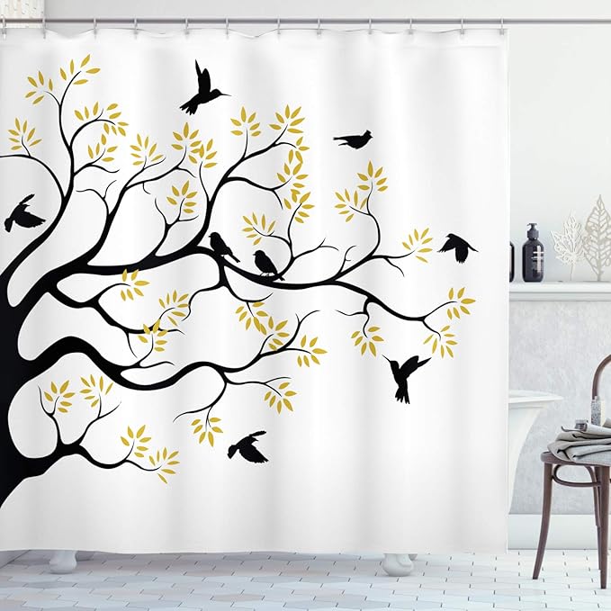 Ambesonne Birds Shower Curtain, Flying and Sitting Birds on The Tree Branch Flowers Weed Nature Peace Theme, Cloth Fabric Bathroom Decor Set with Hooks, 69" W x 70" L, White Yellow